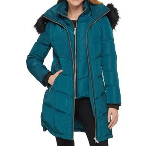 Karl Lagerfeld Faux Fur Trim Down Puffer Coat in Peacock NWOT Size Large